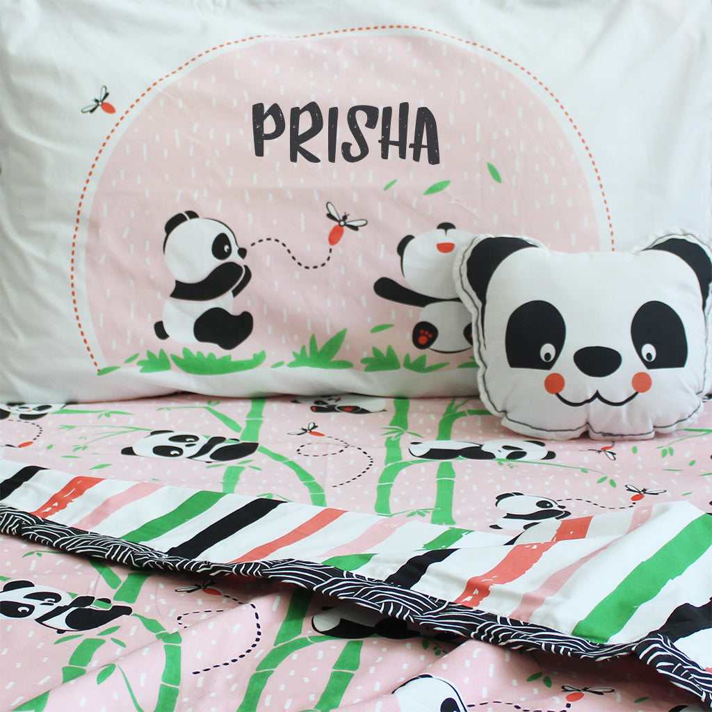 Panda Village Bundle of Joy Single/Double/King Bedsheet with Pillow Cover, Reversible Blanket & Cushion - Pink (Can be Personalised)