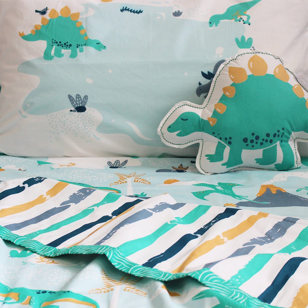 Snooze & Roar Dinosaur Bundle of Joy Single/Double/King Bedsheet with Pillow Cover, Reversible Blanket & Cushion (Can be Personalised)