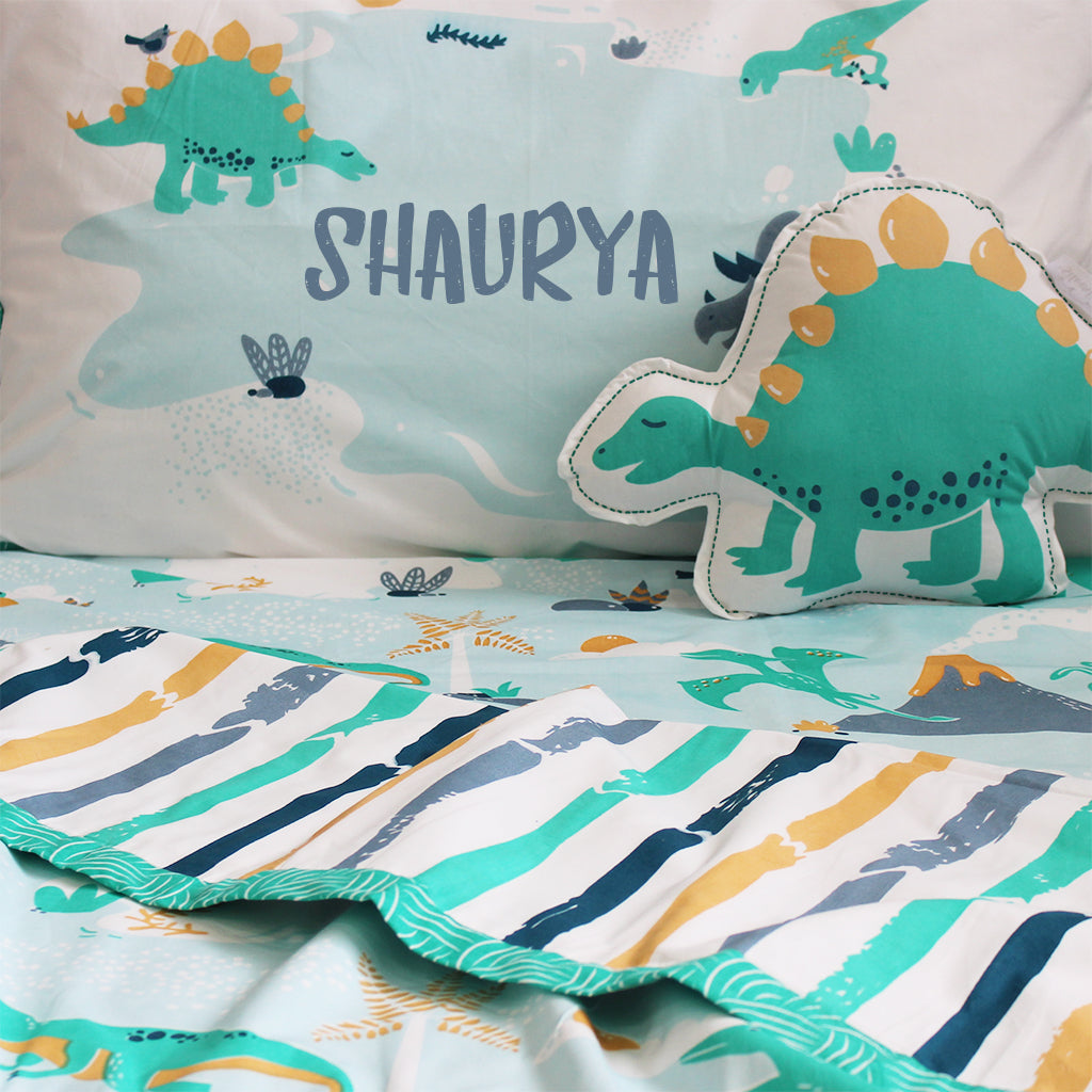 Snooze & Roar Dinosaur Bundle of Joy Single/Double/King Bedsheet with Pillow Cover, Reversible Blanket & Cushion (Can be Personalised)