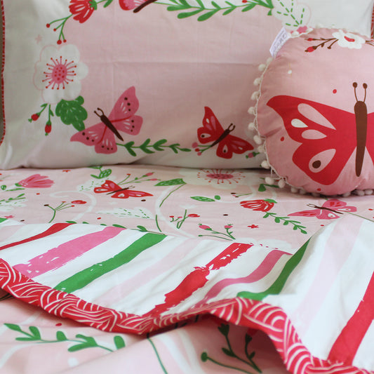Flowers & Butterflies Bundle of Joy Single/Double/King Bedsheet with Pillow Cover, Reversible Blanket & Cushion (Can be Personalised)