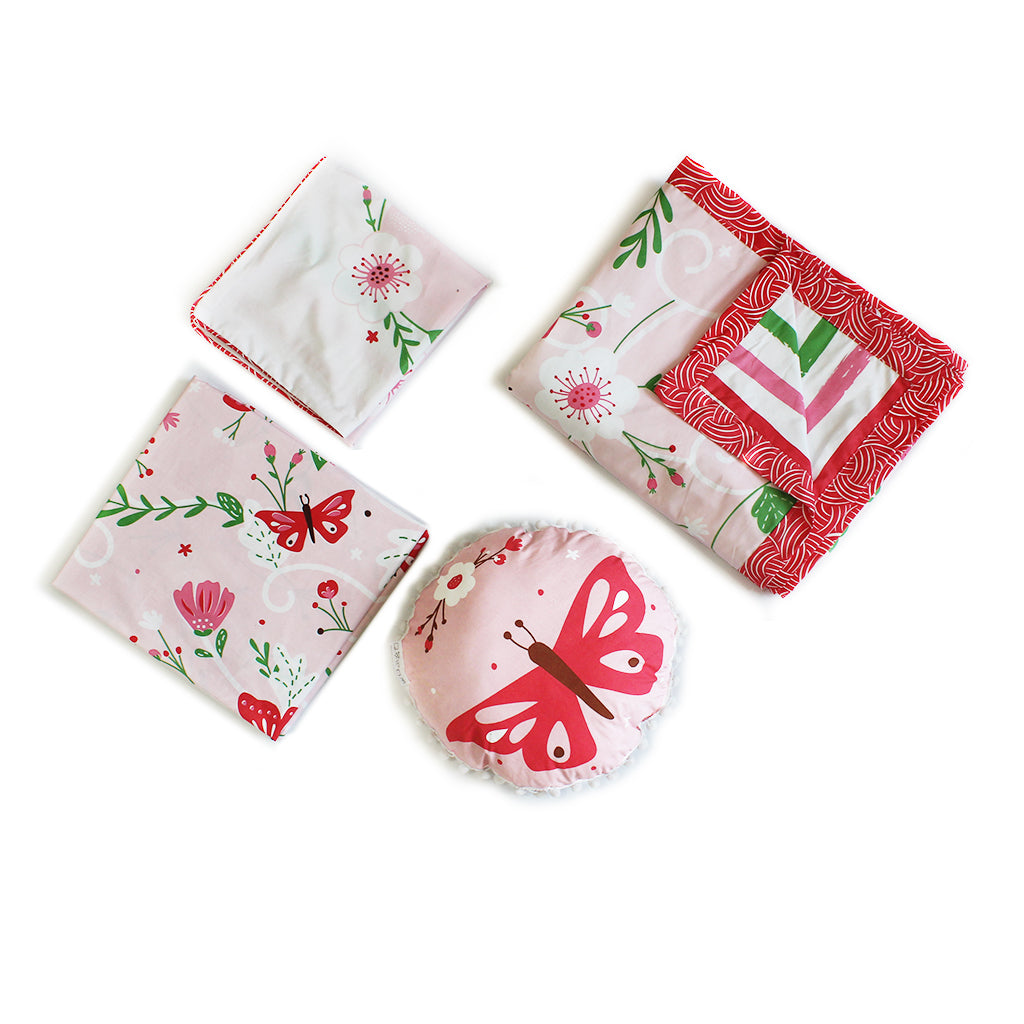 Flowers & Butterflies Bundle of Joy Single/Double/King Bedsheet with Pillow Cover, Reversible Blanket & Cushion (Can be Personalised)