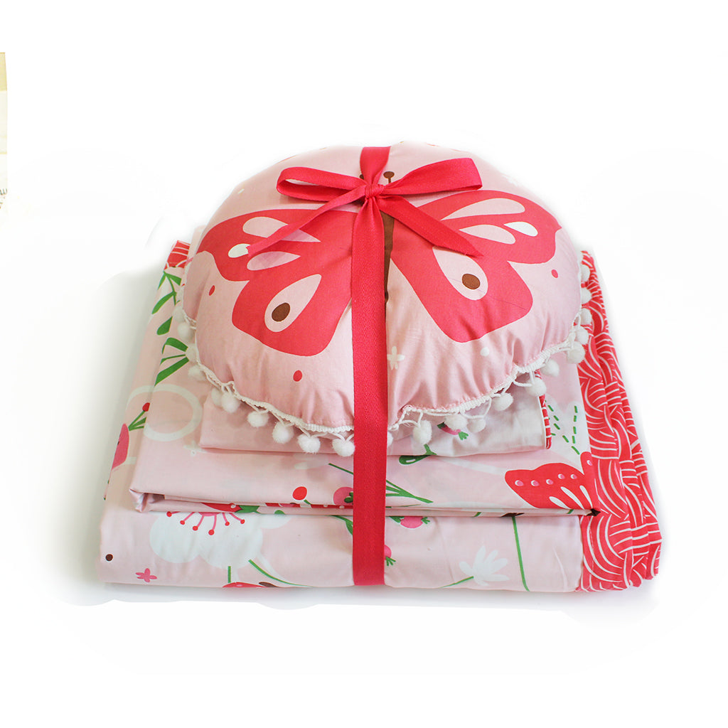 Flowers & Butterflies Bundle of Joy Single/Double/King Bedsheet with Pillow Cover, Reversible Blanket & Cushion (Can be Personalised)