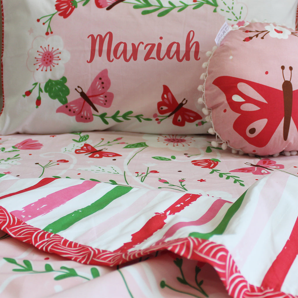 Flowers & Butterflies Bundle of Joy Single/Double/King Bedsheet with Pillow Cover, Reversible Blanket & Cushion (Can be Personalised)