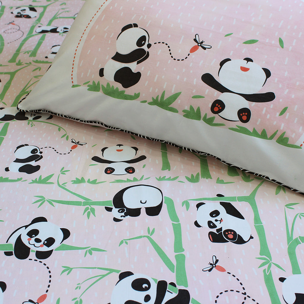 Panda Village 100% Cotton Bedsheet for Boys & Girls with Pillow Cover - Pink - Single/Double/King (Can be Personalised)