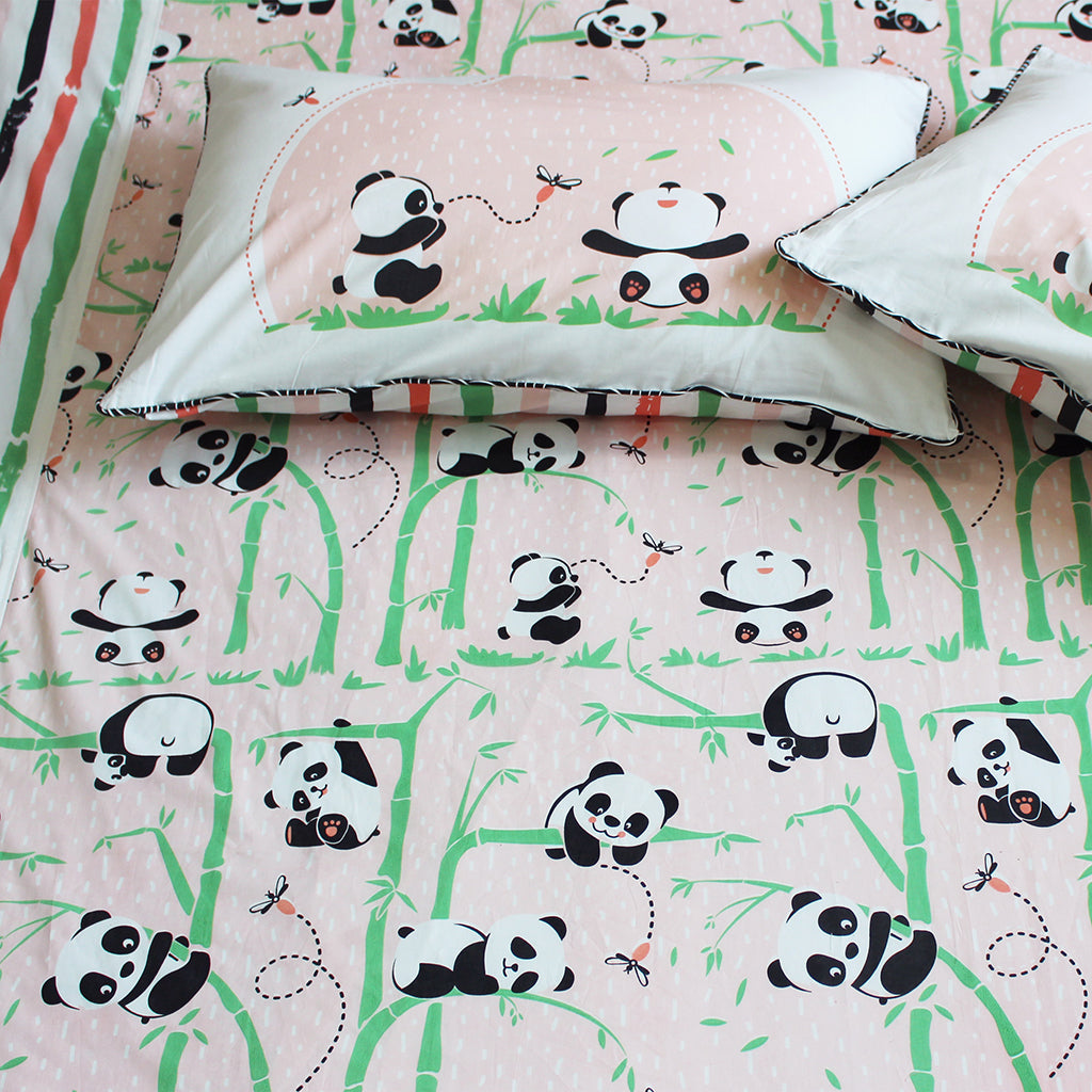 Panda Village 100% Cotton Bedsheet for Boys & Girls with Pillow Cover - Pink - Single/Double/King (Can be Personalised)