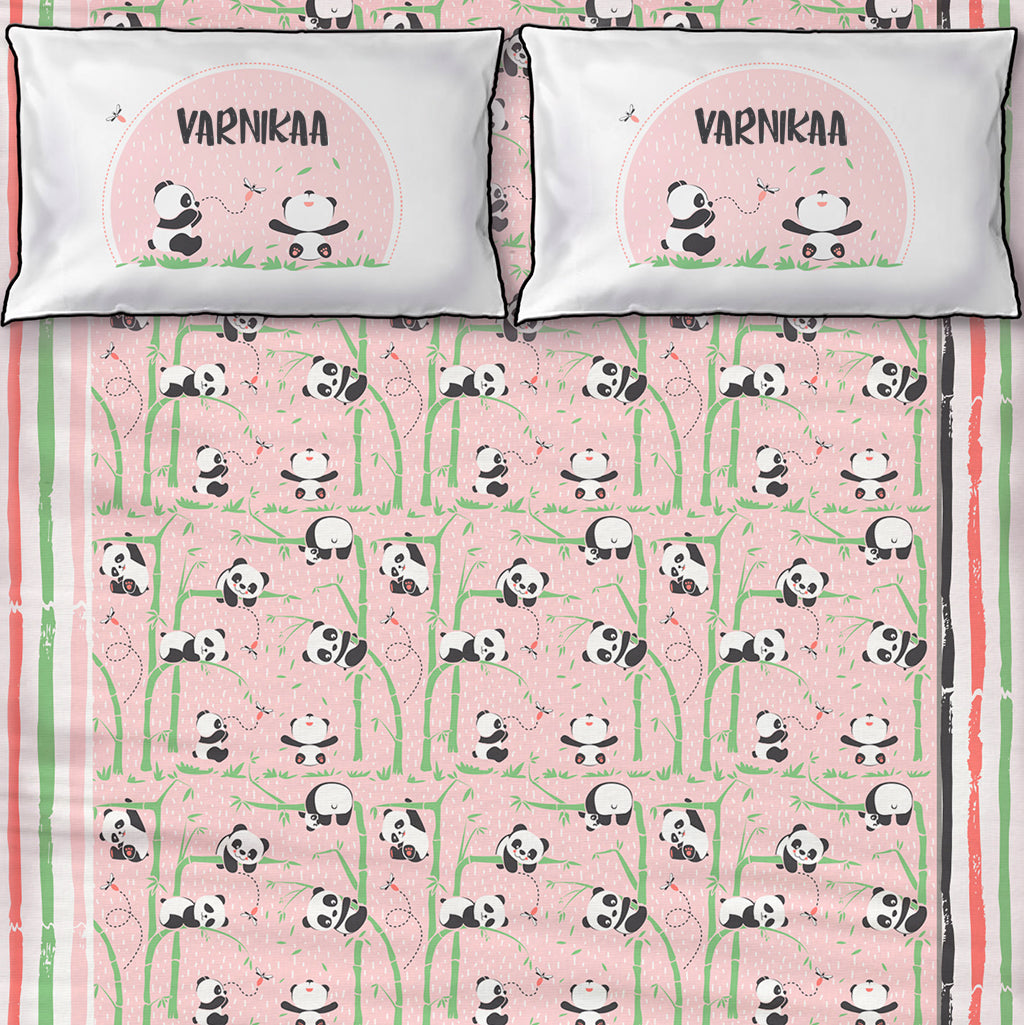 Panda Village 100% Cotton Bedsheet for Boys & Girls with Pillow Cover - Pink - Single/Double/King (Can be Personalised)