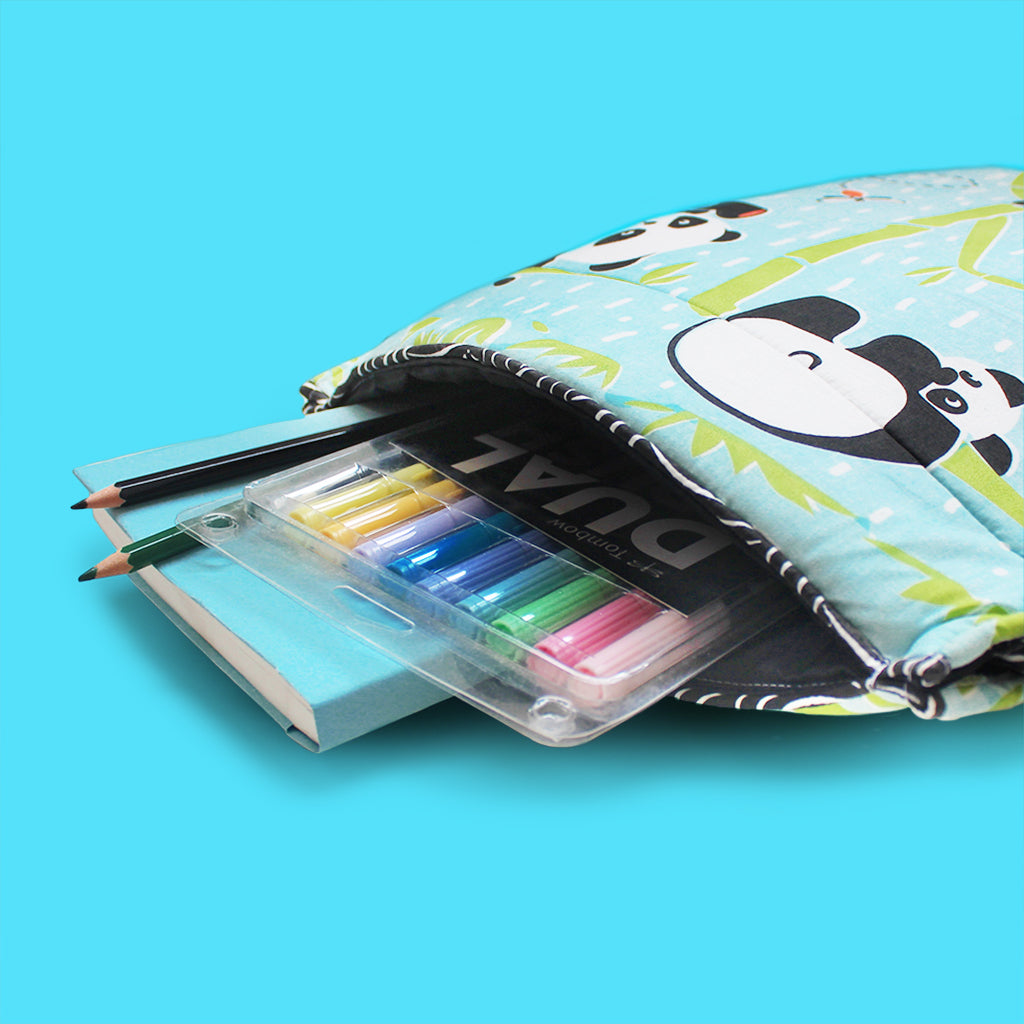 Drawstring Bag with Waterproof Lining || Multipurpose, Swimming Bag, Tuition Bag (Can be Personalised) - Panda Village, Blue