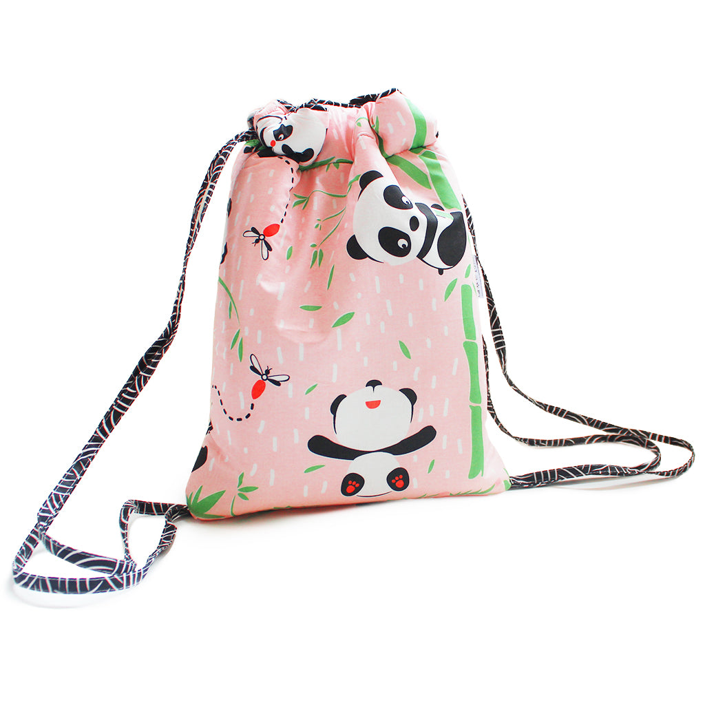 Drawstring Bag with Waterproof Lining || Multipurpose, Swimming Bag, Tuition Bag (Can be Personalised)- Panda Village, Pink
