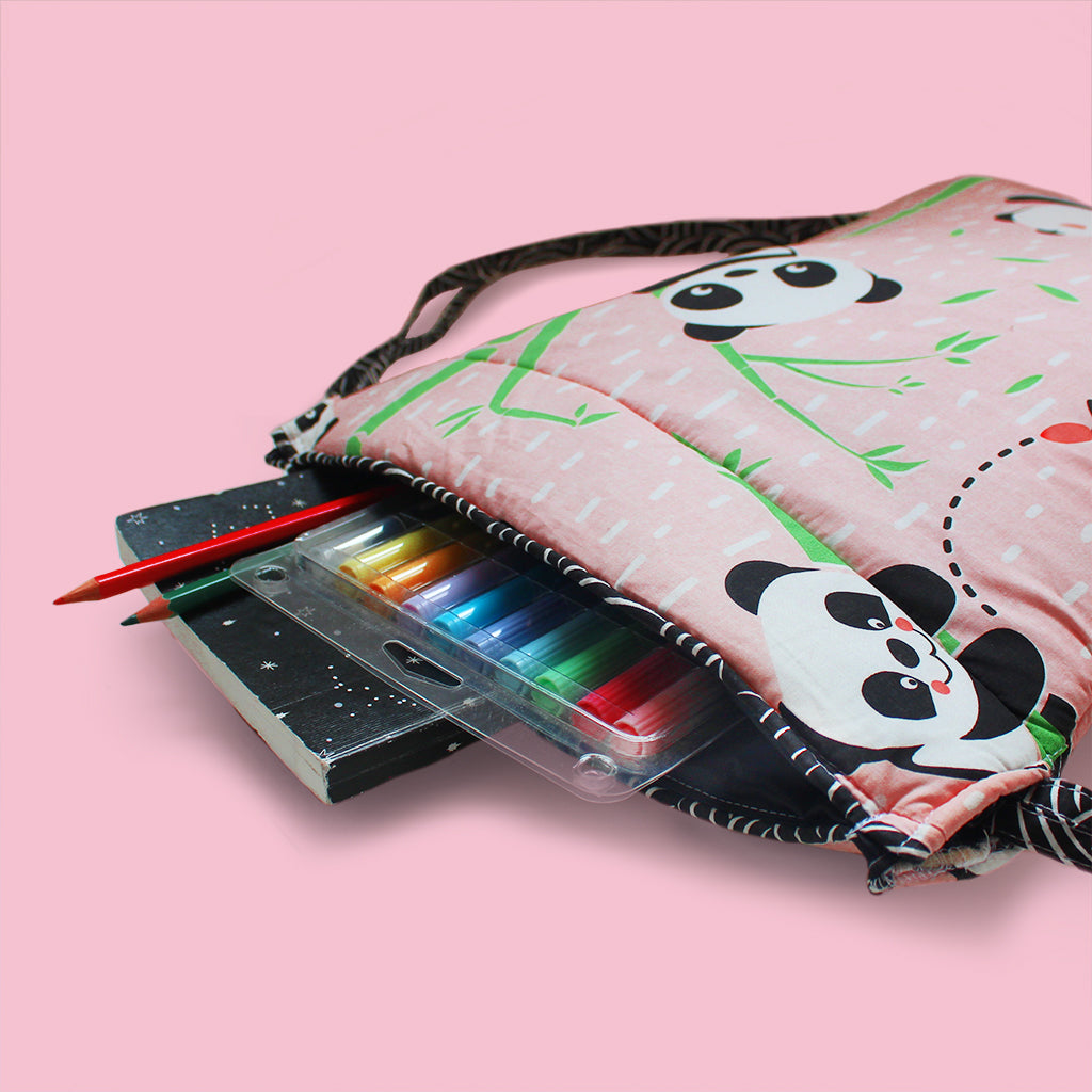 Drawstring Bag with Waterproof Lining || Multipurpose, Swimming Bag, Tuition Bag (Can be Personalised)- Panda Village, Pink
