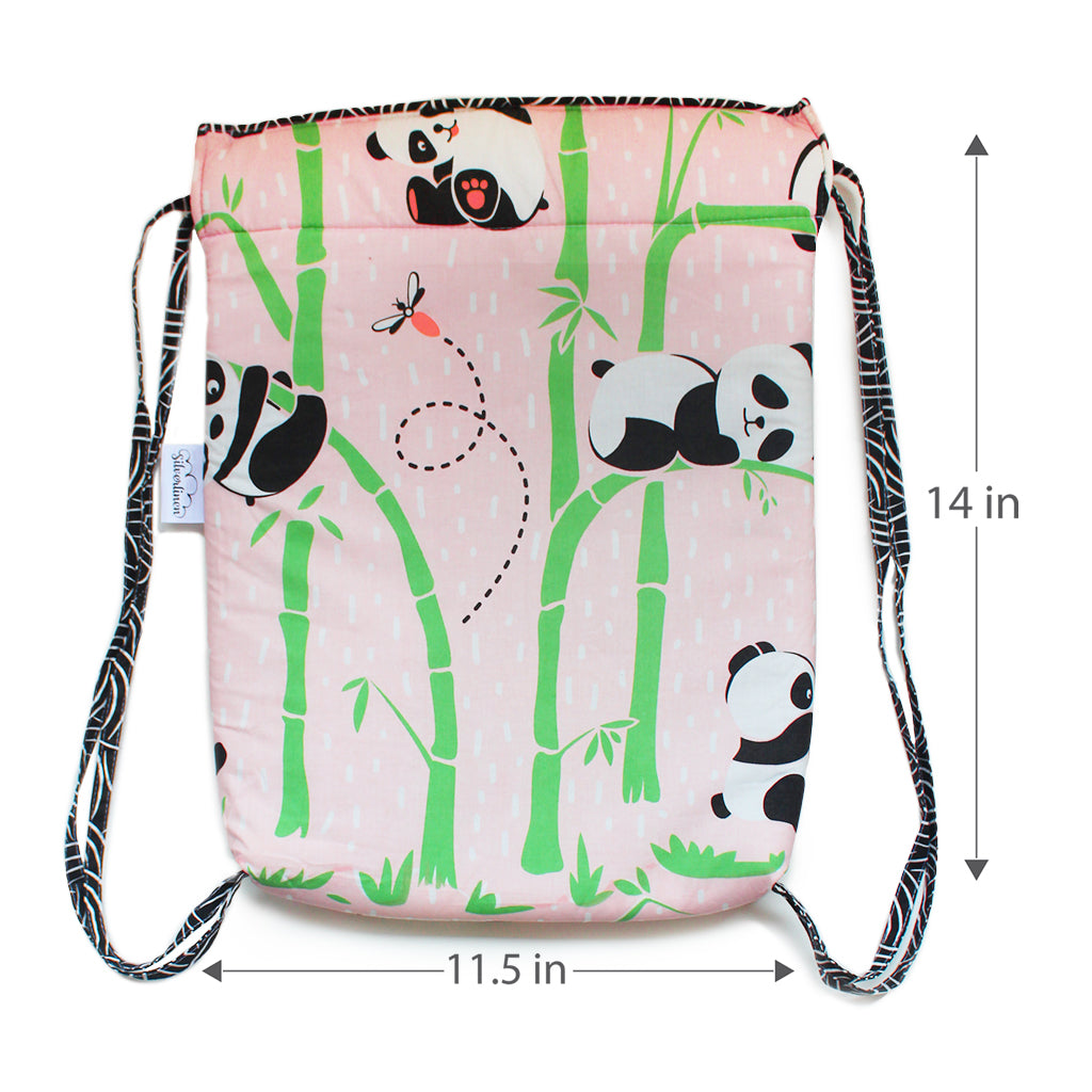 Drawstring Bag with Waterproof Lining || Multipurpose, Swimming Bag, Tuition Bag (Can be Personalised)- Panda Village, Pink