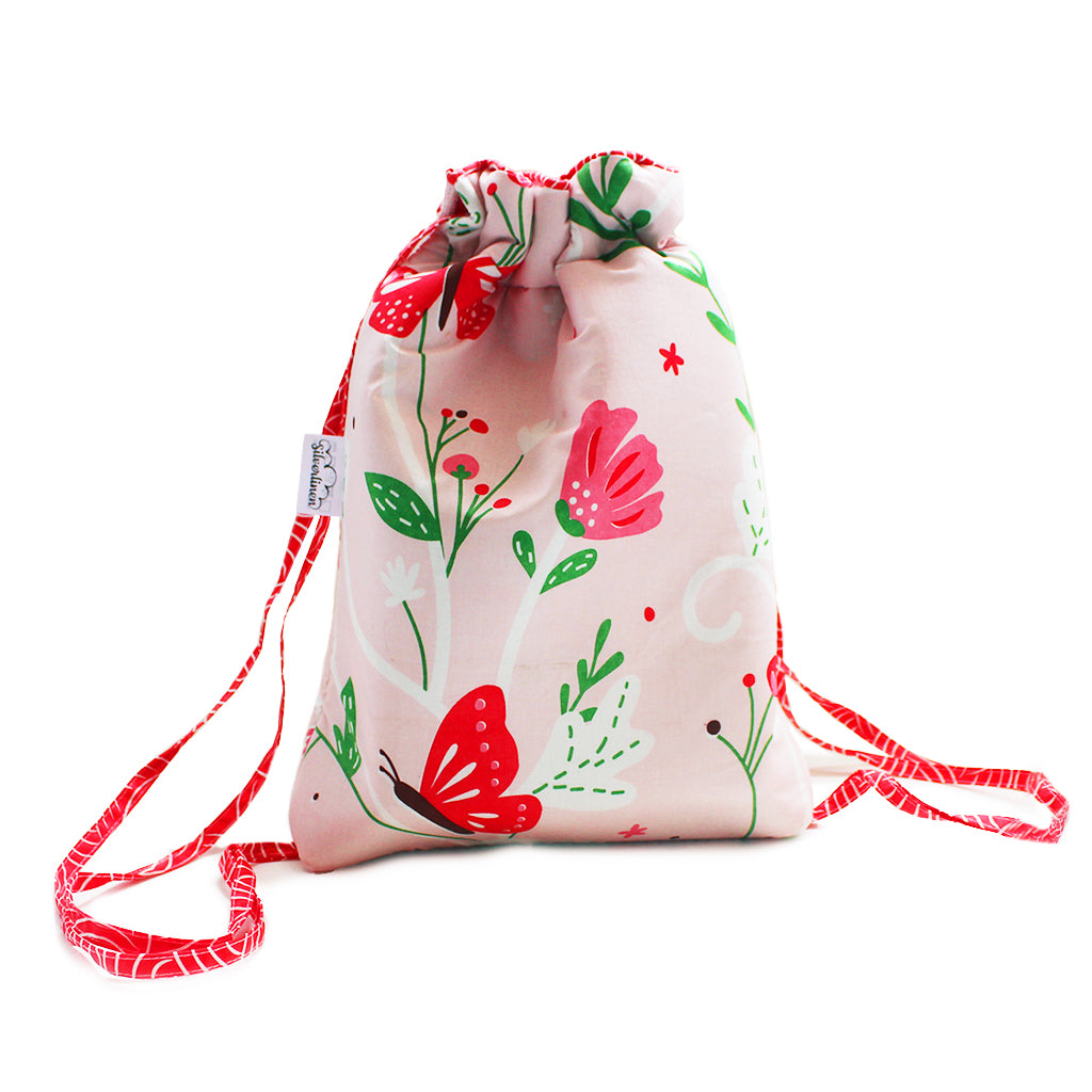 Drawstring Bag with Waterproof Lining || Multipurpose, Swimming Bag, Tuition Bag (Can be Personalised)- Flowers & Butterflies