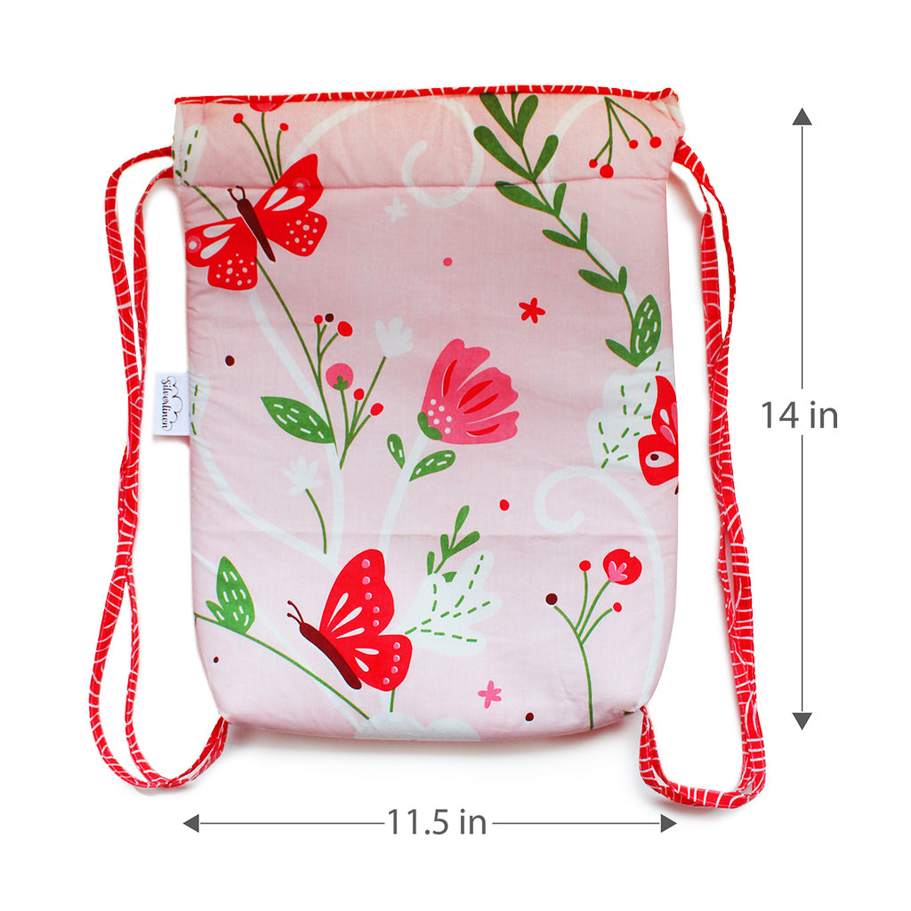Drawstring Bag and Pouch Combo with Waterproof Lining || Multipurpose - Flowers & Butterflies