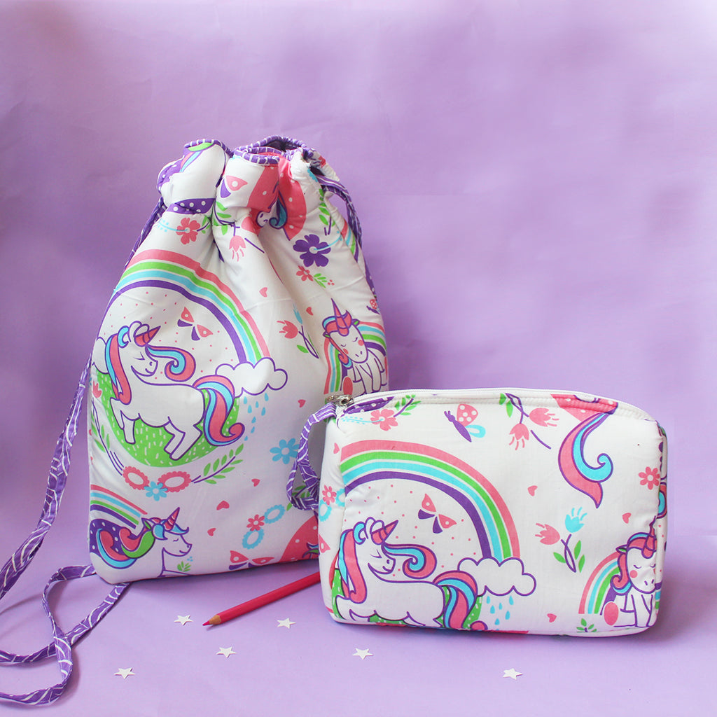 Drawstring Bag and Pouch Combo with Waterproof Lining || Multipurpose - Unicorn & Rainbows
