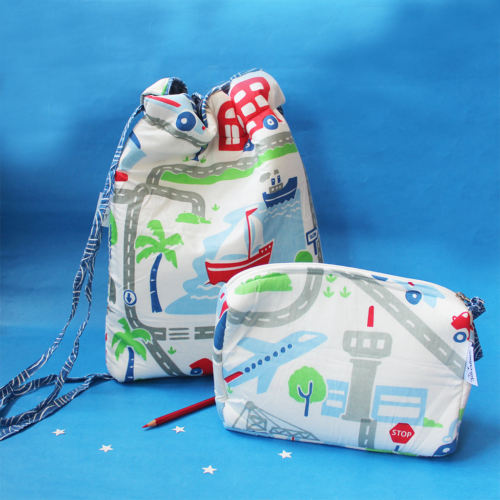 Drawstring Bag and Pouch Combo with Waterproof Lining || Multipurpose - Busy Street